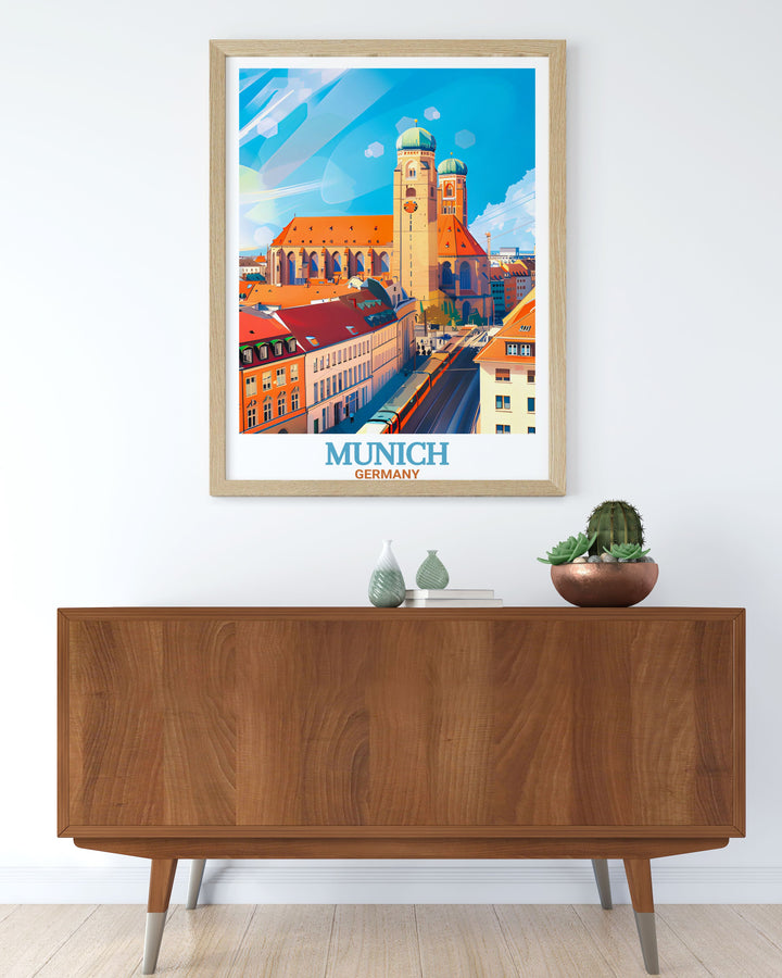 This Munich Poster Print captures the iconic Frauenkirche, with its twin domes standing tall against the Munich skyline. Perfect for architecture enthusiasts and travel lovers, this print brings the beauty of Germanys cultural heart into any home or office setting.