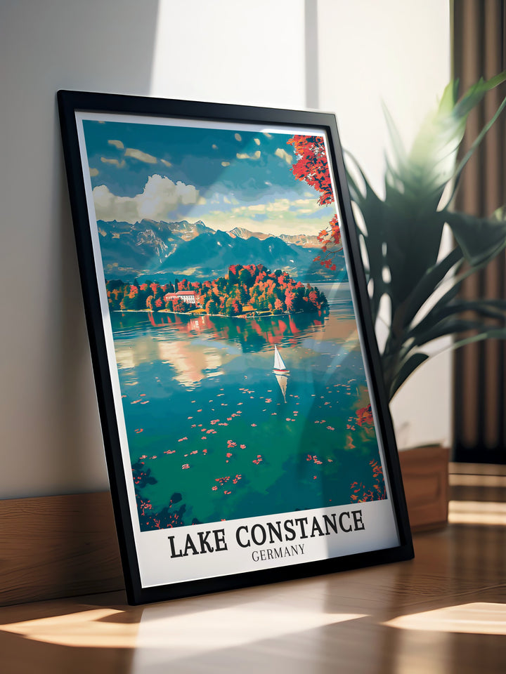 Lake Constance travel posters capturing the stunning views of Mainau Island and Flower Island. Perfect for adding European elegance to any decor, this travel wall art brings the serene landscapes and vibrant gardens of Lake Constance into your home. Each piece is meticulously crafted to reflect the regions natural beauty.