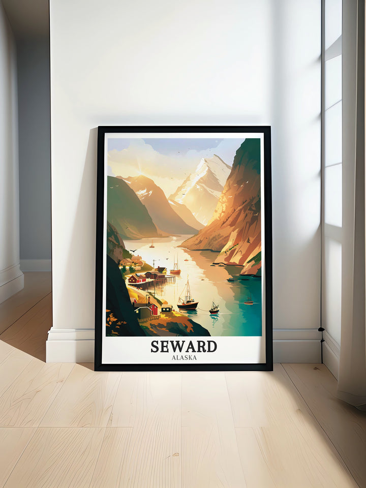 Detailed Seward print highlighting the rugged terrain of Mount Marathon and the calm, majestic waters of Resurrection Bay. The artwork brings together the best of Alaskas natural wonders, making it a timeless addition to any art collection