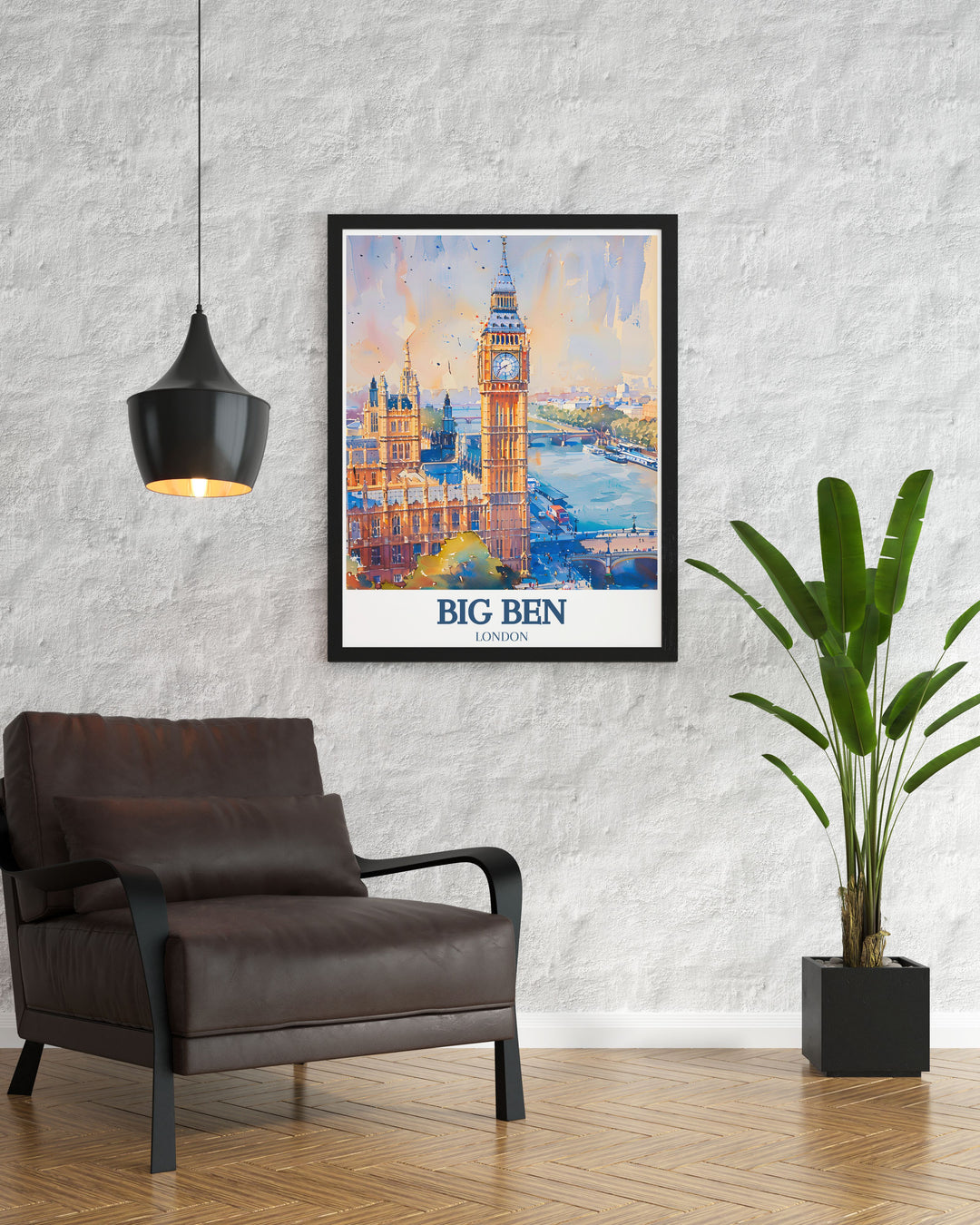 Vibrant art print of London, highlighting the blend of historic beauty and scenic landscapes with Big Ben, the Houses of Parliament, and the River Thames in the background. Ideal for adding a touch of Londons charm to your decor.