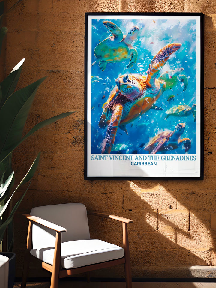 Framed art print of Saint Vincents Tobago Cays, perfect for creating a serene atmosphere in your home. This artwork captures the essence of the Caribbeans stunning landscapes, making it a beautiful addition to any room.