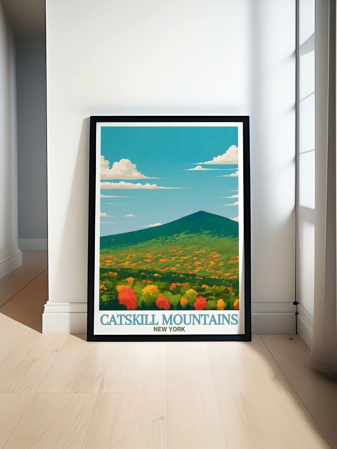 Hunter Mountain modern prints showcasing the natural beauty of New York State. This Catskill Mountains travel poster is perfect for adding elegance to any home decor, whether in living rooms or bedrooms, bringing nature inspired art into your space.