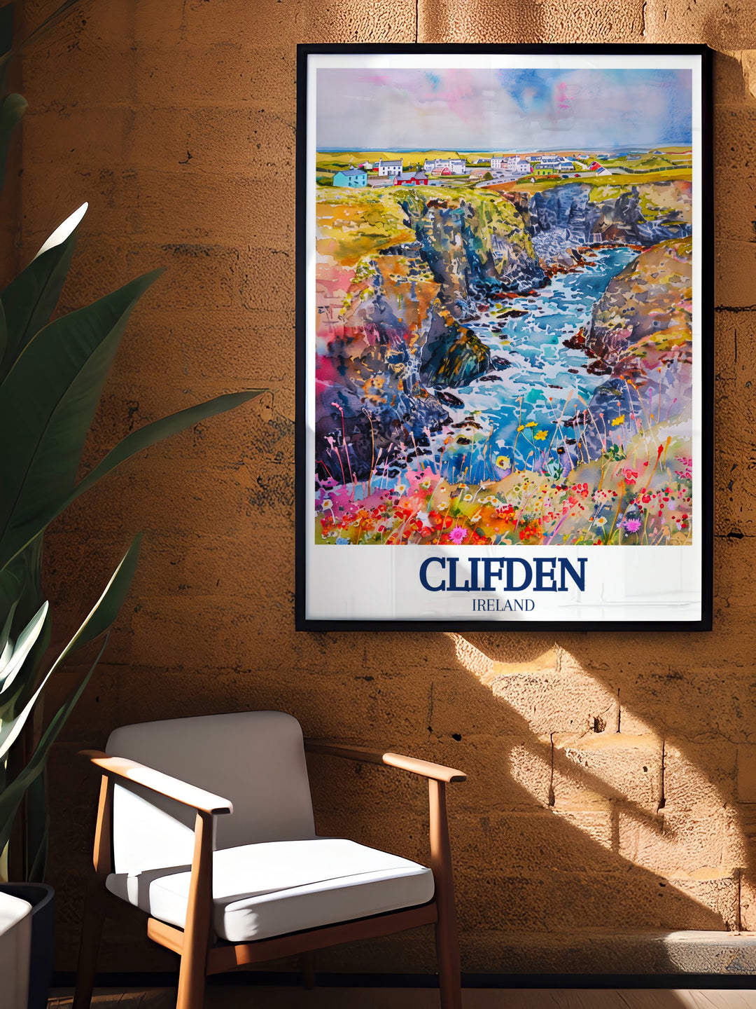 Clifden, known as the "Capital of Connemara," is beautifully illustrated in this art print, highlighting the towns unique charm and its location along the Wild Atlantic Way. This piece is ideal for anyone who loves Irelands scenic drives and historic towns.