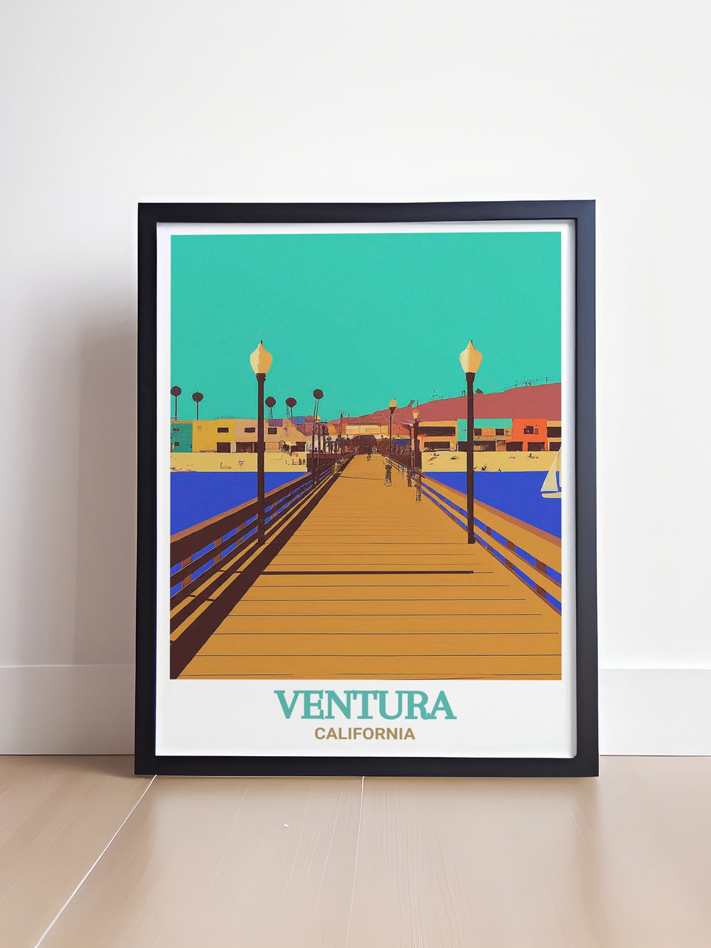 This Ventura County print showcases the iconic Ventura Pier, with a detailed black and white design that highlights the Piers structure against the backdrop of the Pacific Ocean. The matted artwork also features a street map of Ventura County, making it an ideal addition to any home decor or a meaningful gift.