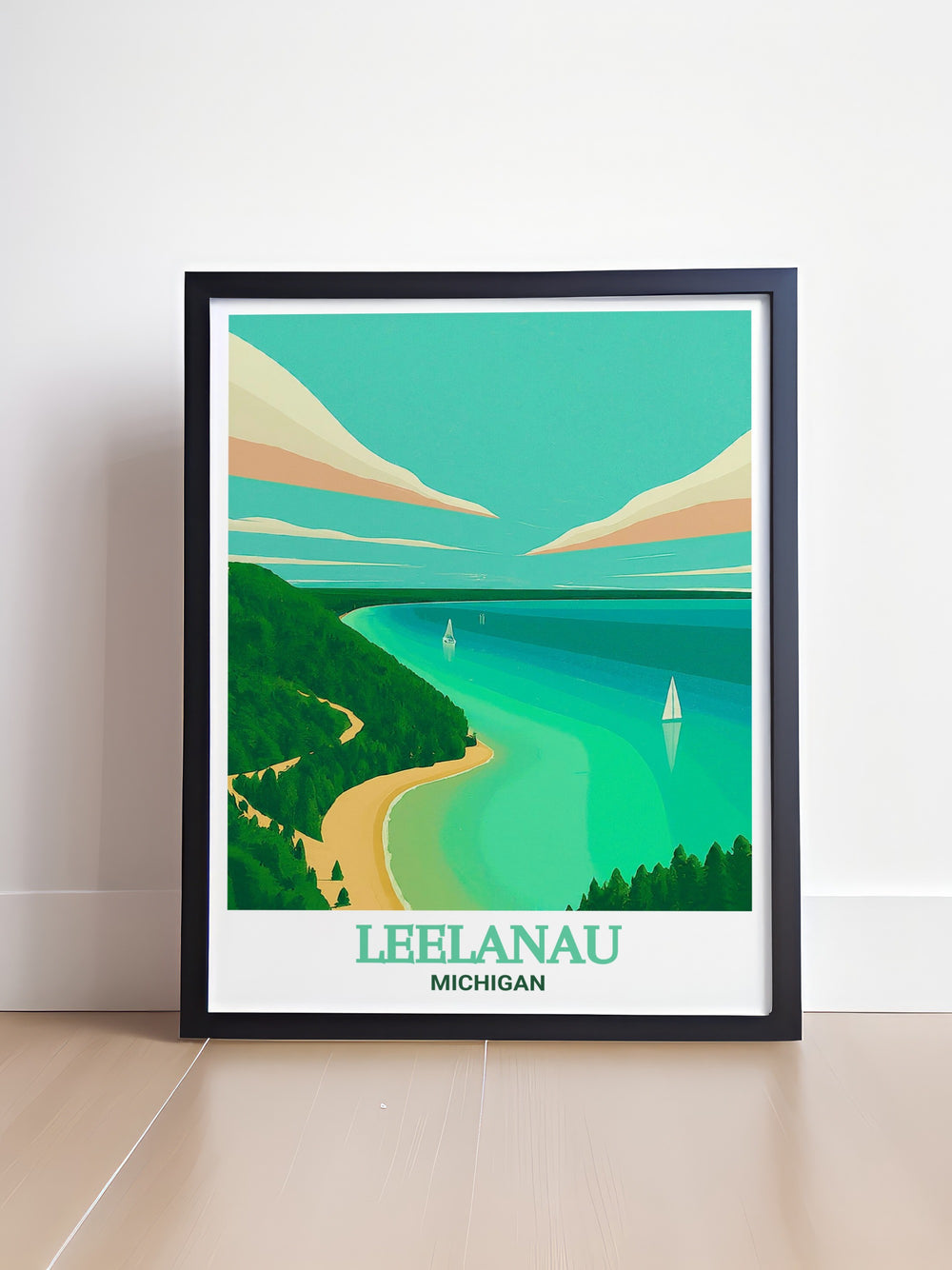 Leelanau Wall Print illustrating the peaceful and vibrant scenery of Michigans Leelanau Peninsula, where vineyards and lakes create an idyllic landscape. This wall print is ideal for adding a touch of Michigans natural beauty to your home decor.