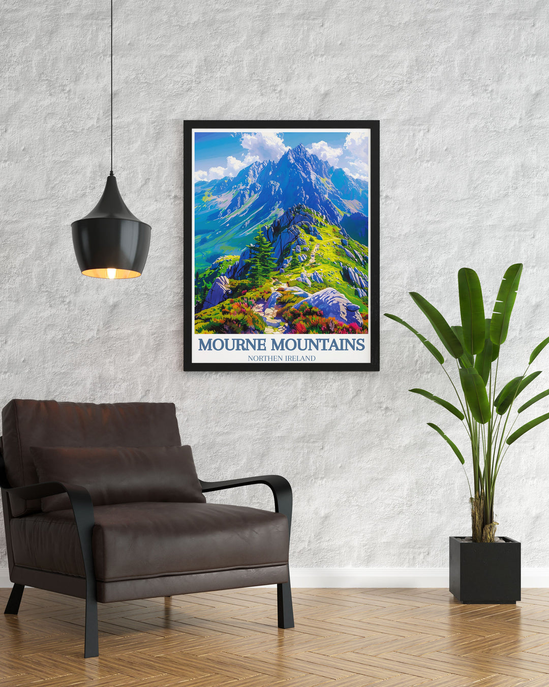 Showcasing both the Mourne Mountains and charming villages, this travel poster captures the unique blend of majestic landscapes and cozy village life, perfect for enhancing your living space with Irish charm.