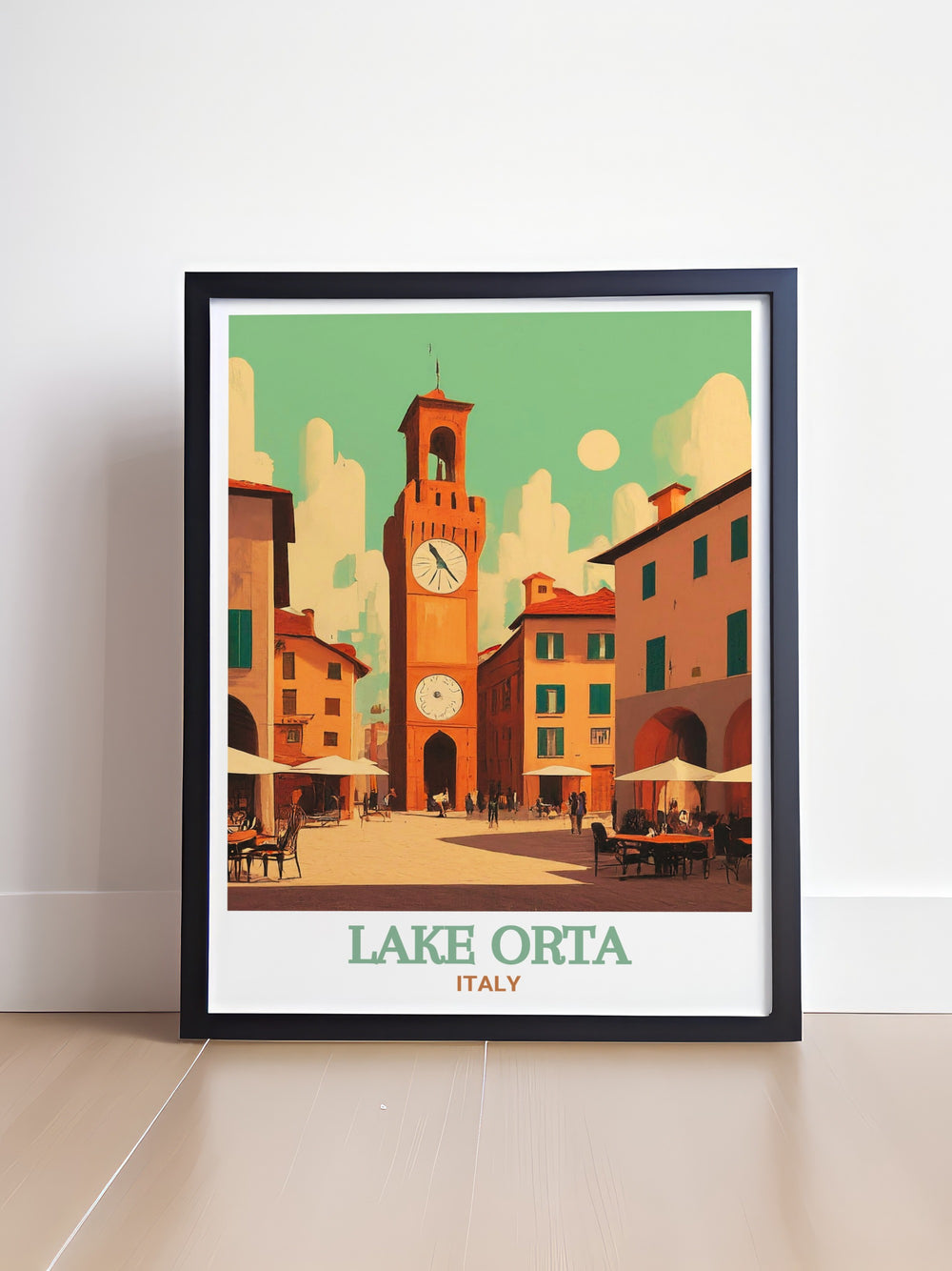 Bring a touch of Italy into your home with this Lake Orta poster, showcasing the tranquil waters and picturesque village life at Piazza Motta. This travel art print is perfect for enhancing any room with a bit of Italian charm and elegance.