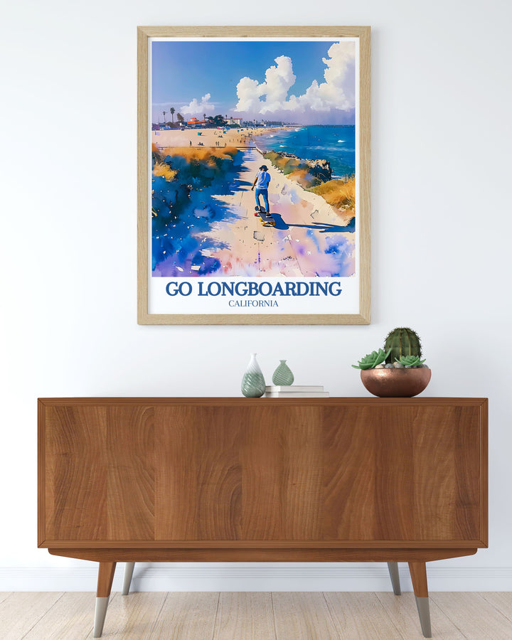 An energetic longboarding scene at Venice Beach Boardwalk, capturing the thrill and dynamic atmosphere, perfect for adding a touch of Californias iconic beach culture to your decor.