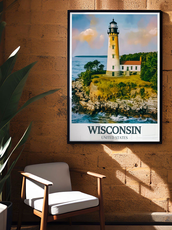 Modern art prints of Door County Coastline and Cana Island Lighthouse designed to enhance contemporary home decor with Milwaukee skyline