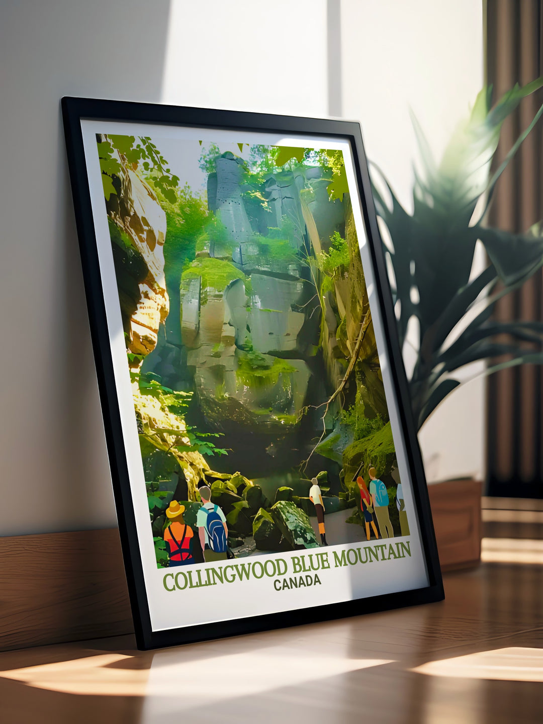 Collingwood Canvas Art presents a stunning depiction of Blue Mountain and Scenic Caves Nature Adventures, perfect for adding a touch of Canadas natural beauty to your home. This art print is ideal for anyone who appreciates adventure and serenity in equal measure.