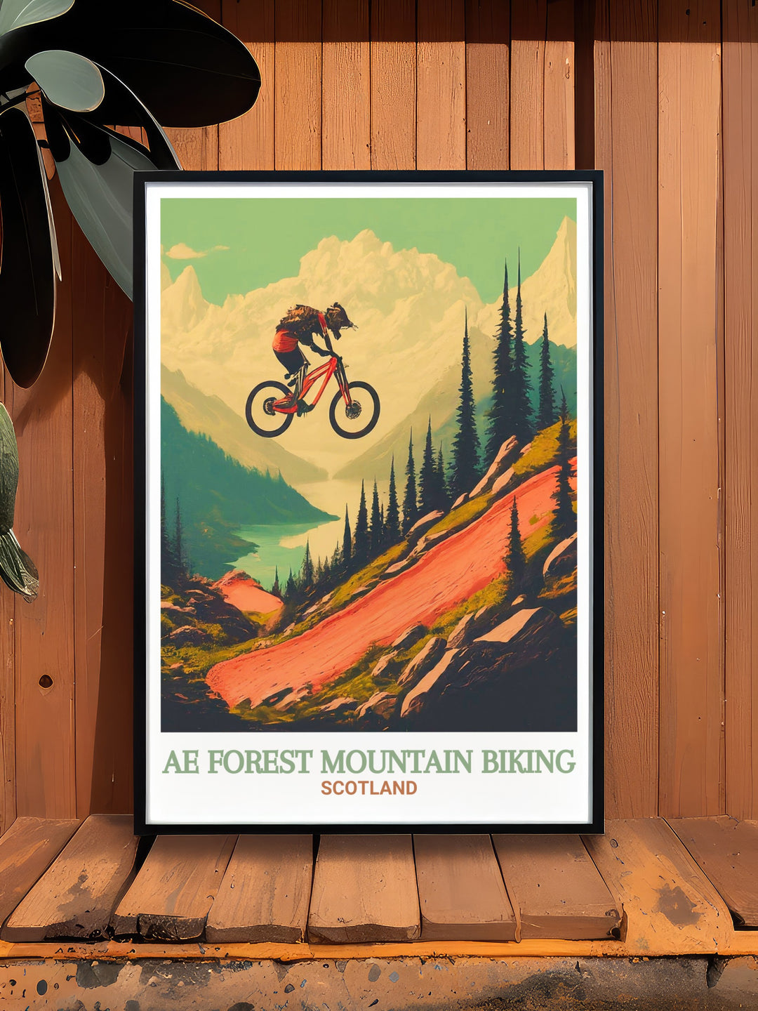 Ae Forest Vintage Poster showcasing the stunning landscapes of Scotlands MTB Trails. The detailed cycling paths and lush scenery create a captivating piece for your living space or office.