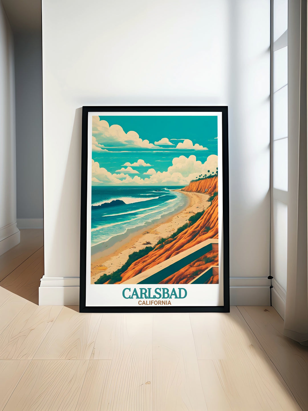 This vintage inspired Carlsbad travel poster captures the scenic beauty of Carlsbad State Beach. The soft colors and detailed design make it an ideal addition to a modern or coastal themed home, adding a touch of California charm.