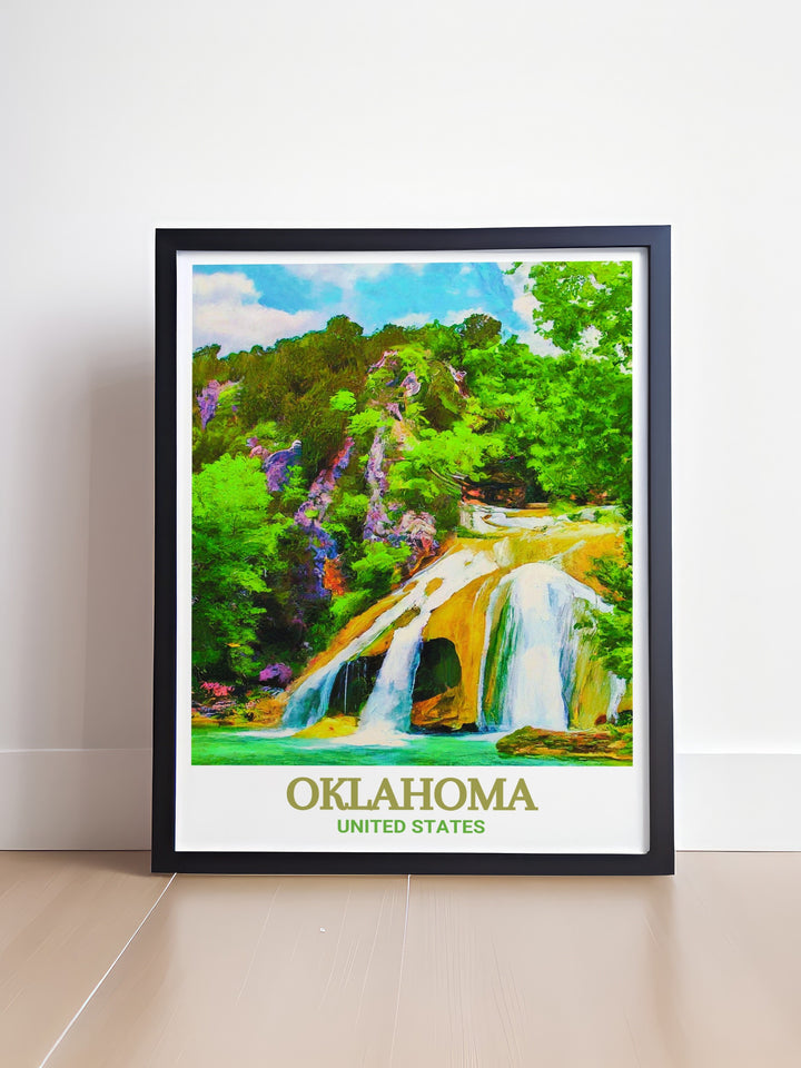 Stunning Oklahoma art print featuring Turner Falls Park in a modern design. A beautiful blend of nature and urban elements ideal for home or office decor. Perfect for gifting on occasions like anniversaries birthdays and holidays.