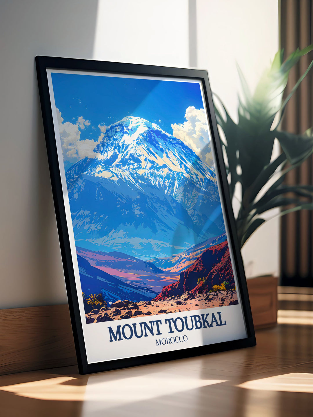 Decorate your living space with this beautiful High Atlas mountains poster featuring the iconic Mount Toubkal and surrounding valleys the perfect Moroccan gift and a timeless piece of art that celebrates the rich culture and natural beauty of the Atlas Mountains.