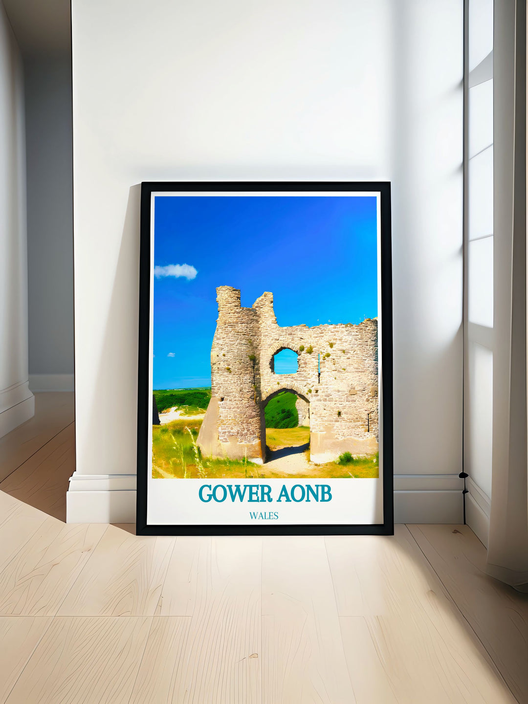 Pennard Castle vintage travel print featuring the stunning landscape of Gower AONB and Three Cliffs Bay perfect for adding Welsh coastline charm to your home decor