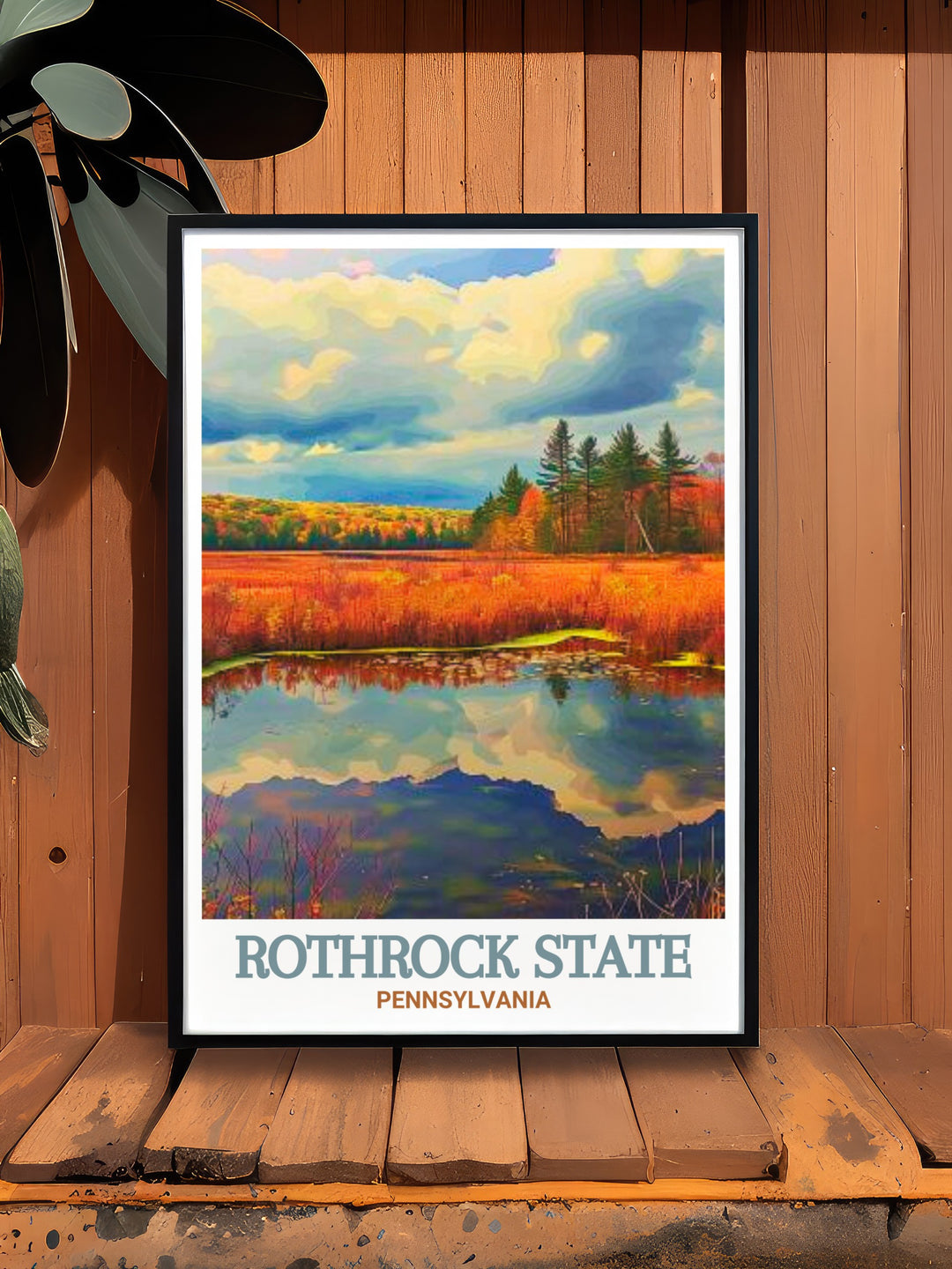 A scenic travel poster of Pennsylvanias Rothrock State Forest and Bear Meadows Natural Area. Perfect for nature lovers, hikers, and those who appreciate the outdoors.