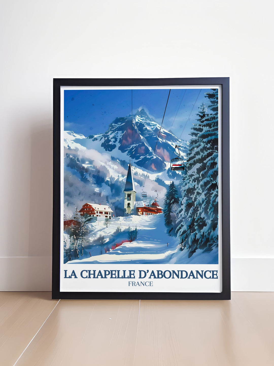 Elegant Ski Gondola Print featuring the thrilling ascent to the peaks of Saint Maurice and Val d Abondance this artwork adds a touch of adventure to your skiing wall art collection