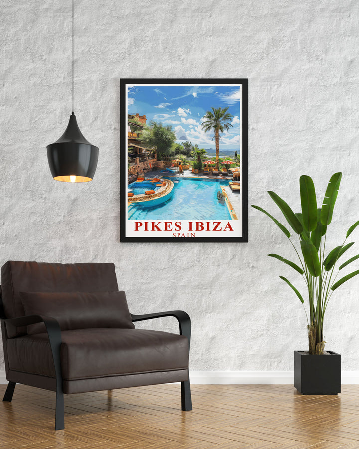 Our Pikes Ibiza Poster is an ideal gift for any occasion perfect for Pool Area Birthday Gifts this artwork captures the energy and excitement of Ibizas legendary venues like Cafe Mambo and Privilege Ibiza