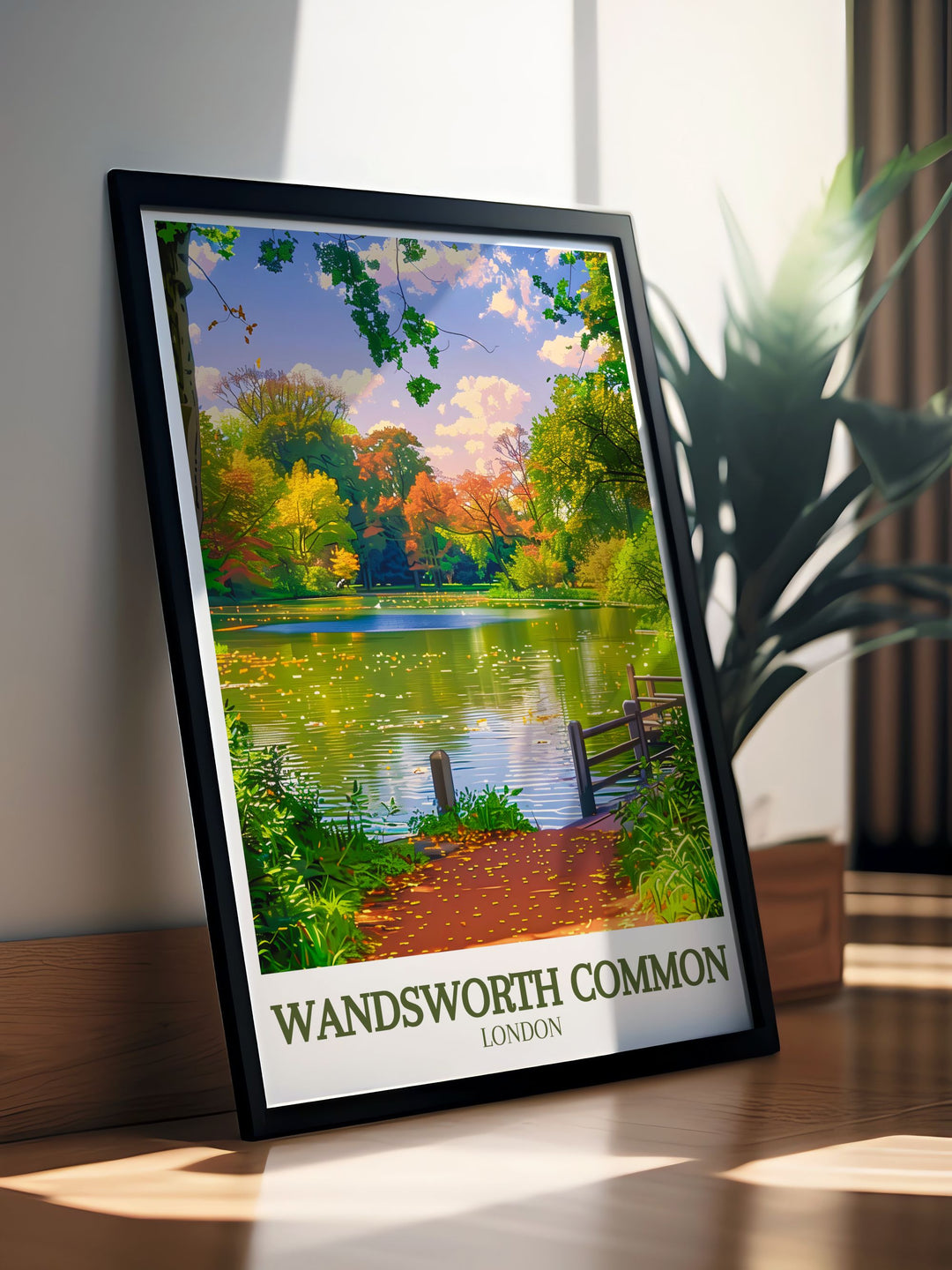 Elegant Wandsworth Common poster showcasing the beauty of Wandsworth Pond and the surrounding park. This vintage London print is ideal for adding a touch of nostalgia and charm to any room.