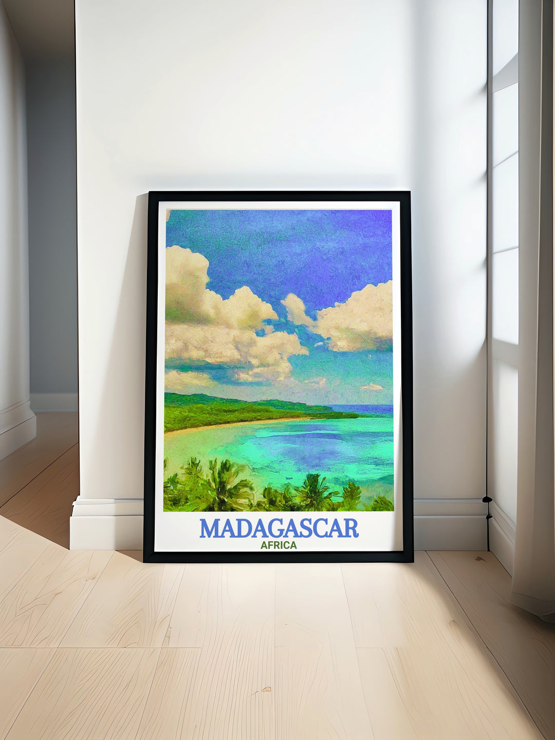 Nosy Be travel poster featuring the stunning landscapes of Madagascar perfect for Africa wall art and home decor ideal for adding a touch of exotic beauty to any room suitable for travel enthusiasts and art lovers looking for unique wall decor