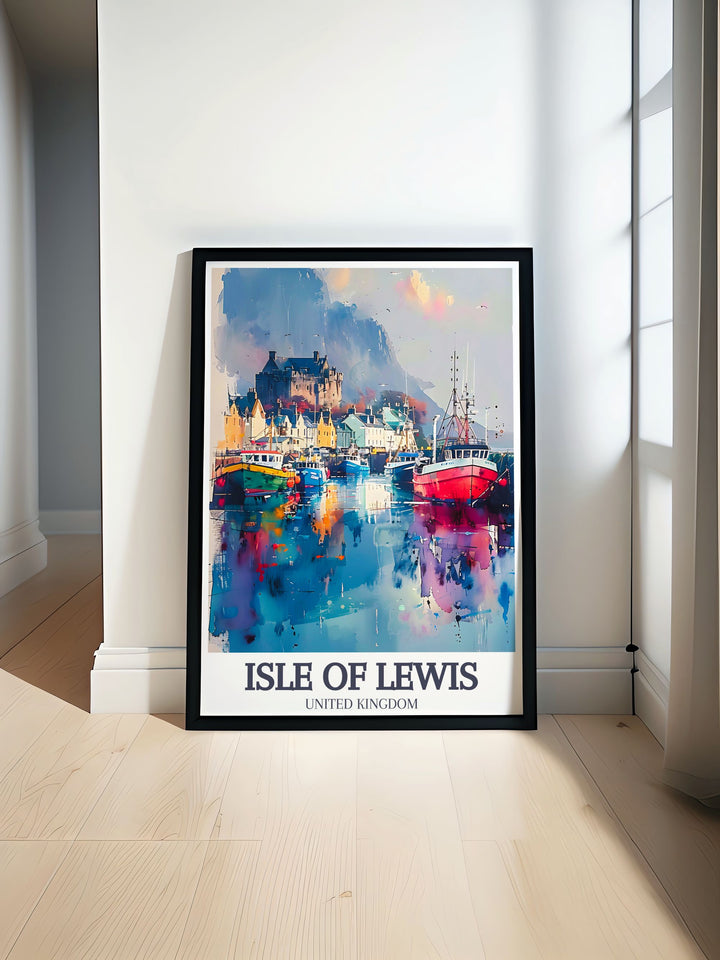 This vintage poster of Stornoway Harbour pays tribute to its historical significance and timeless beauty. The classic design and striking colors evoke a sense of nostalgia, ideal for those who appreciate Scotlands rich maritime heritage.