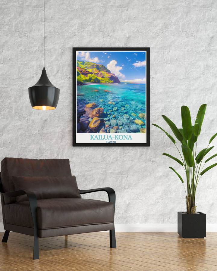 A travel poster of Kailua Kona, showcasing its historical landmarks and stunning beaches. The vibrant illustration captures the essence of this Hawaiian towns rich cultural heritage.