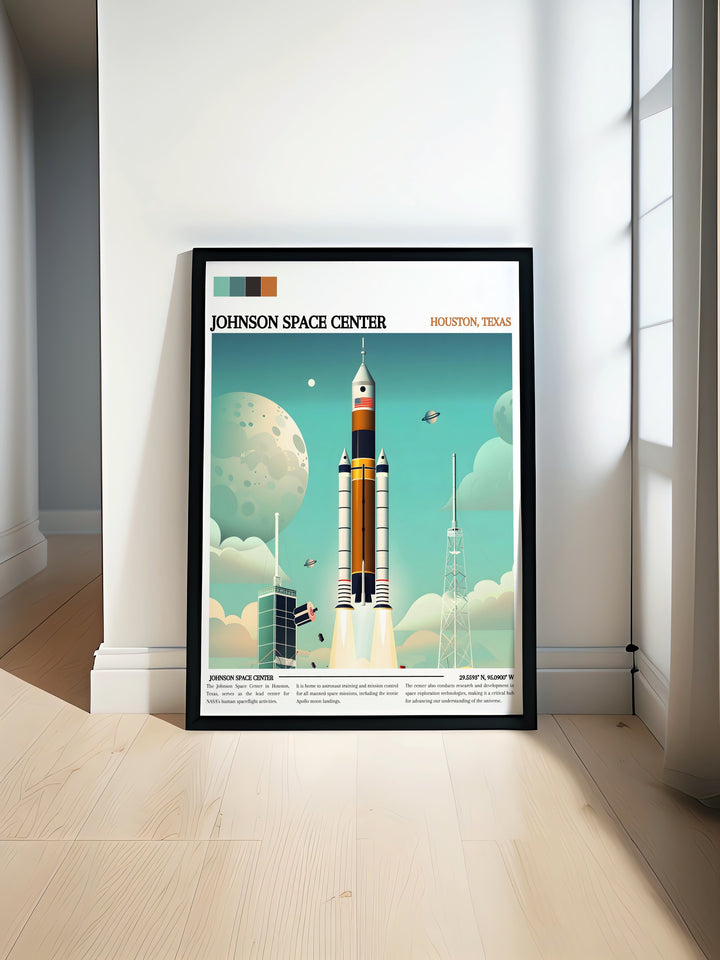 Detailed NASA artwork showcasing the Johnson Space Center and iconic rocket ships. Perfect for space enthusiasts and those passionate about the cosmos.