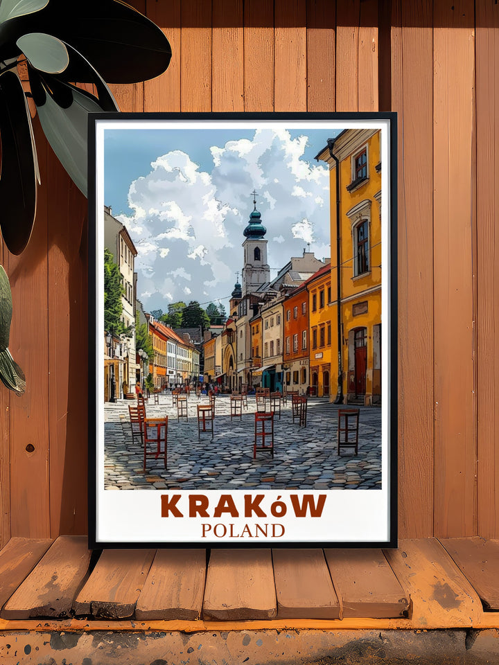 This Krakow canvas art celebrates the historic Jewish Quarter. The intricate design of the poster highlights the cultural significance of this part of Poland, perfect for travelers or anyone who loves European art.