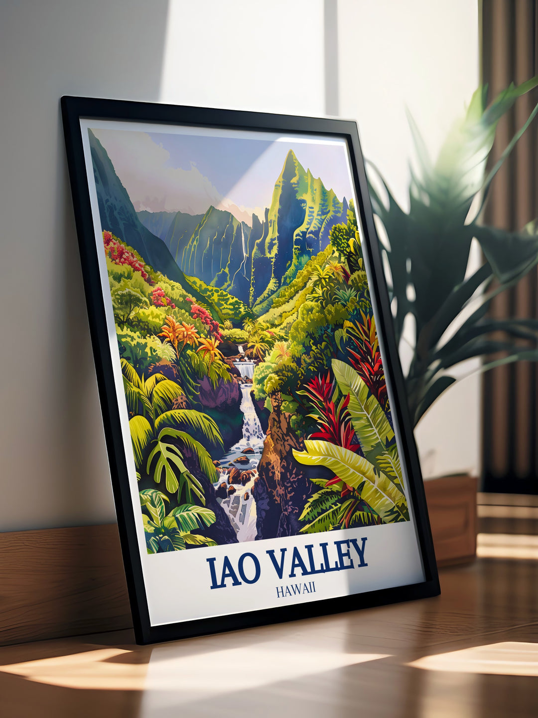 This Iao Valley travel poster captures the lush greenery, tranquil Iao Stream, and towering Iao Needle in stunning detail. Its the perfect way to bring the serenity of Mauis landscapes into your home, offering a sense of peace and relaxation to any room.