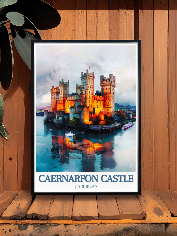 Beautiful Caernarfon Castle travel poster capturing the historic castle, the tranquil Beddgelert Village, and the breathtaking Snowdon Ranger, perfect for enhancing your home or office with Wales iconic landmarks.