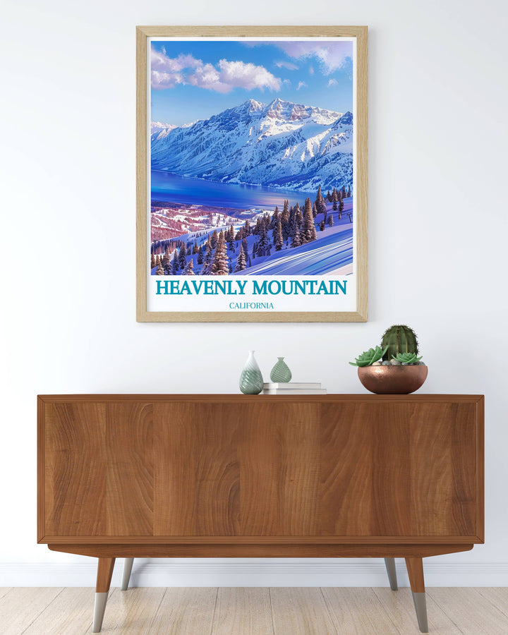 Scenic depiction of Heavenly Ski Resort showcasing snow covered mountains and skiers on the pristine trails. The artwork conveys the thrill of winter sports and the stunning alpine beauty of the resort. Perfect for those who love skiing and the charm of snowy landscapes in their home or office decor.