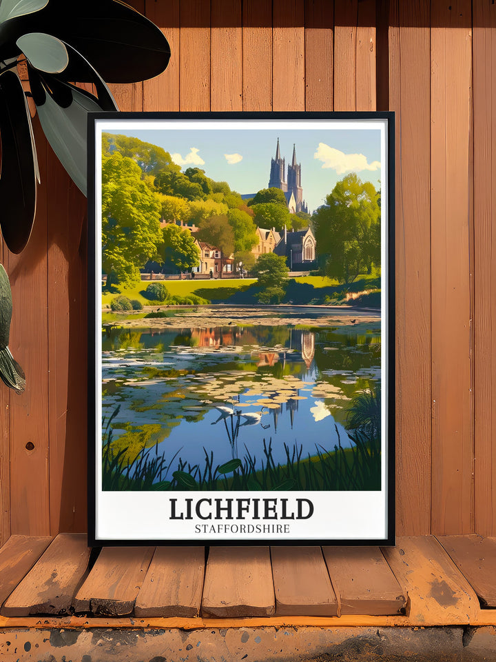 Featuring the iconic Minster Pool and the lush greenery of Beacon Park, this Lichfield art print brings the elegance of the English countryside into your home. The detailed artwork is perfect for anyone who appreciates the peaceful beauty of Lichfield and its surrounding areas.