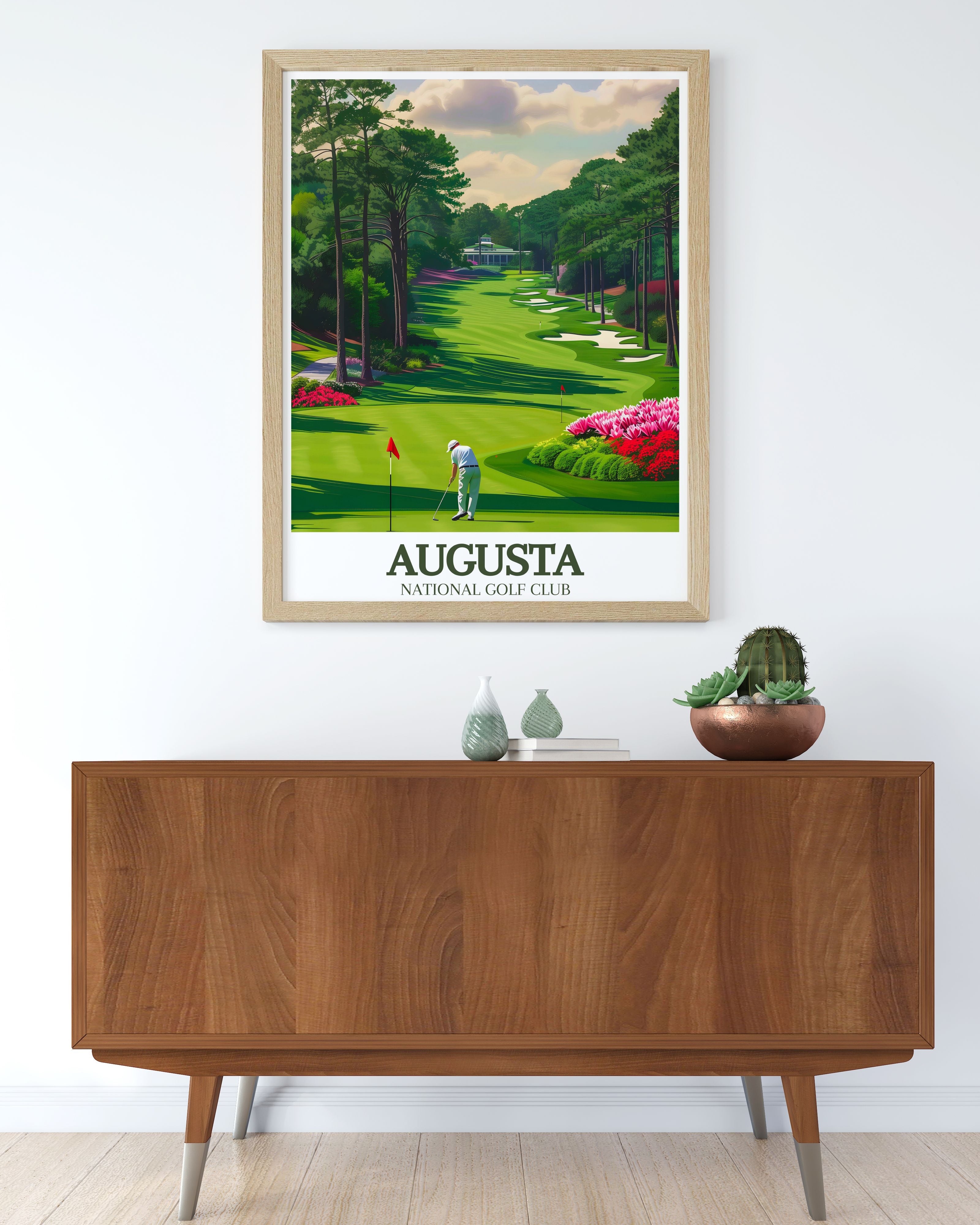 Premium golf course wall art collection featuring framed golf prints and canvas artwork displayed in elegant home office with sophisticated decor