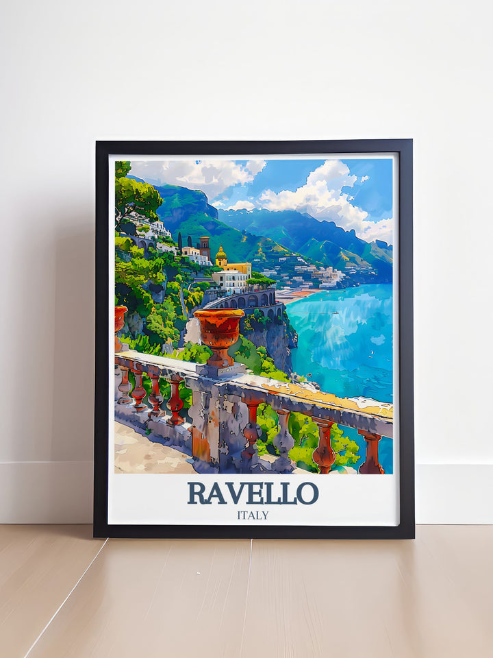 Elegant home decor with Villa Rufolo Amalfi coast stunning prints. These Italian travel art pieces are perfect wall decor options that bring the magic of the Amalfi Coast into your living space with their sophisticated and serene imagery