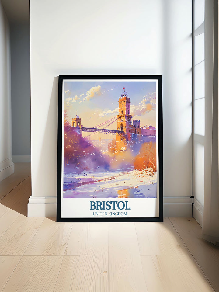 Mountain biking adventure depicted in Ashton Court Bristol print featuring Clifton suspension bridge River Avon. Perfect wall art for cycling enthusiasts and those who appreciate Bristols iconic landmarks. This artwork adds dynamic energy to your home decor.