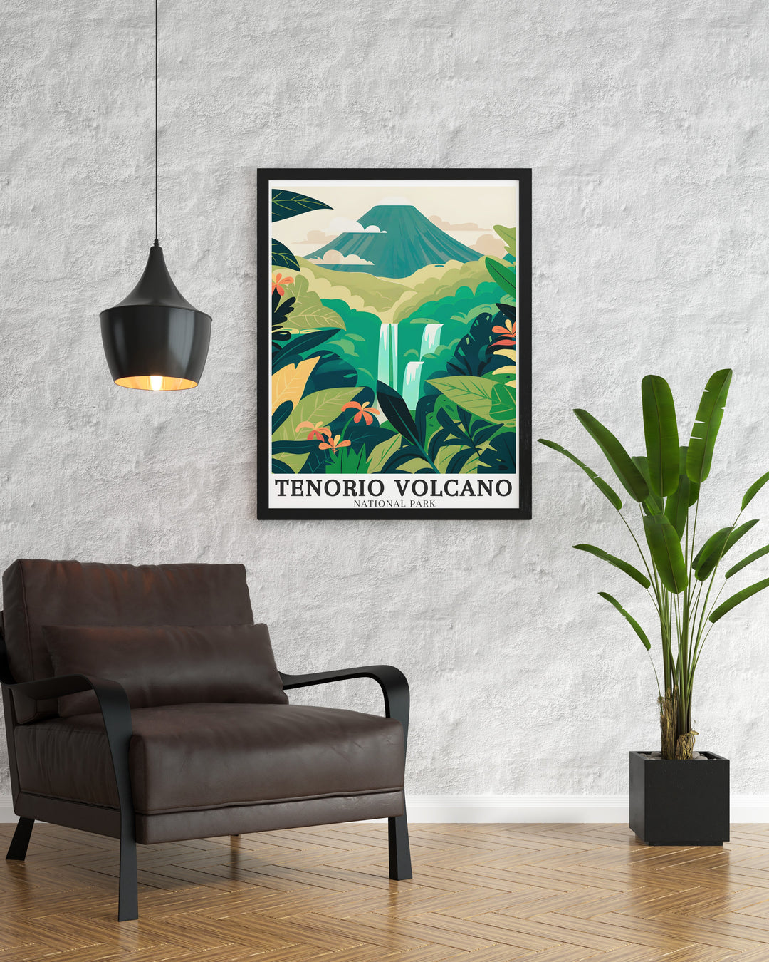 Celeste River print showcasing the stunning Rio celeste waterfall with its vivid colors and serene landscape perfect for enhancing living room decor and as a unique gift option.