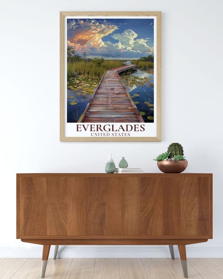 Travel Poster depicting the serene beauty of the Everglades. Ideal for nature lovers and adventurers. This print highlights the unique landscapes of the National Park and includes the beautiful Anhinga Trail experience.