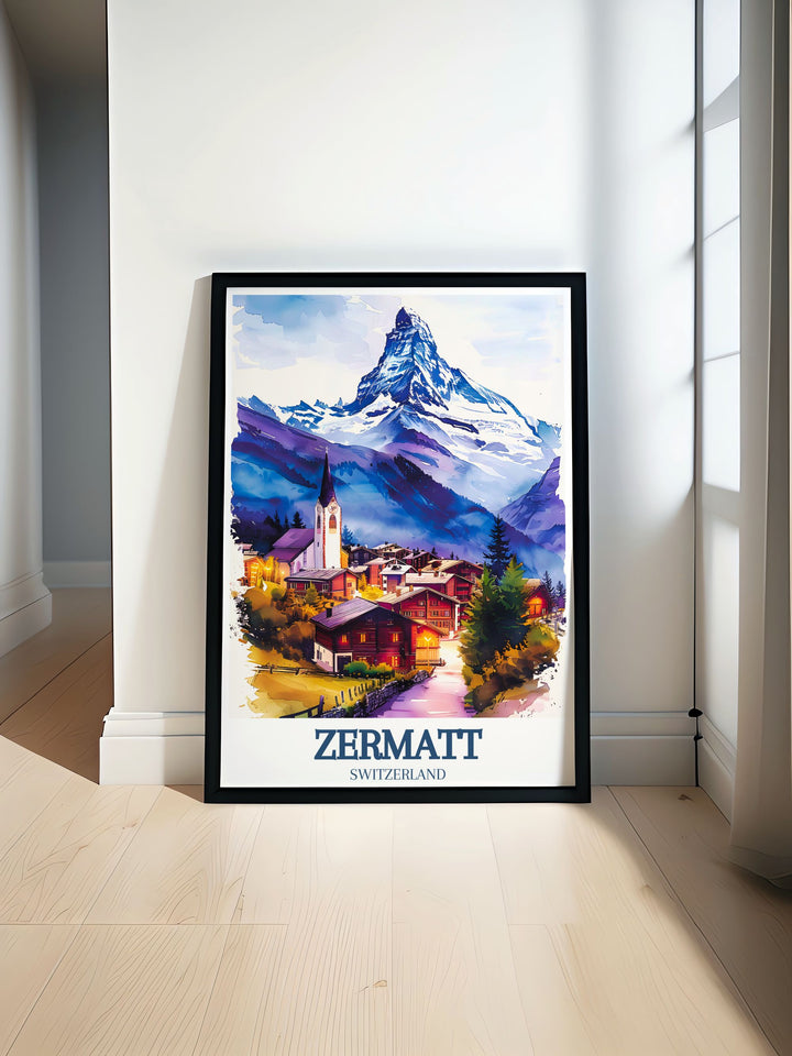 Zermatt Village St. Mauritius Church Matterhorn Ski Resort Artwork capturing the scenic beauty of the Swiss Alps in modern prints