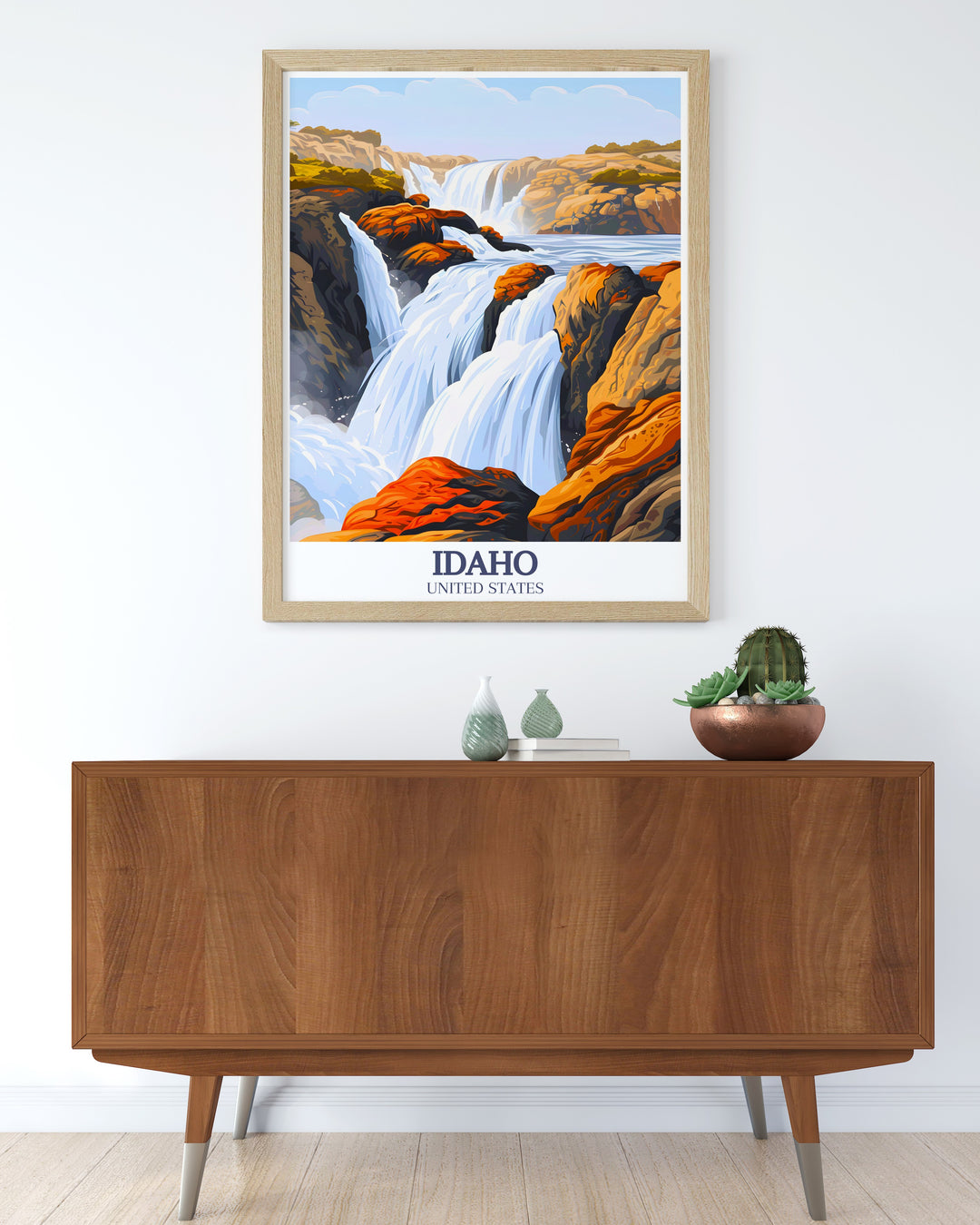 A stunning Idaho travel print featuring Shoshone Falls, one of the states most dramatic natural wonders. The "Niagara of the West" is depicted in vivid detail, making this wall art a perfect addition to your home or office space.