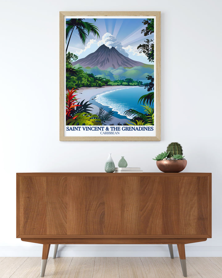 A vibrant travel print showcasing the rugged La Soufrière Volcano on Saint Vincent & The Grenadines, this artwork captures the untouched beauty of the Caribbean islands. Perfect for those who love nature, adventure, and tropical destinations.