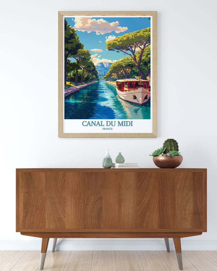 Artistic Canal du Midi poster capturing the charm of Southern France including the historic cities of Beziers and Carcassonne