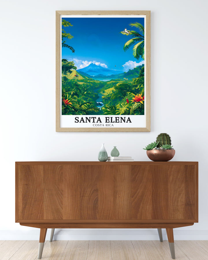 Breathtaking view of Arenal Volcano and Santa Elena Cloud Forest in Costa Rica brought to life in modern wall art. This print adds a touch of exotic beauty to any room making it the perfect addition to your collection of Costa Rica posters and decor.