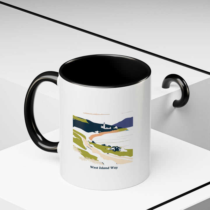 Enjoy your coffee or tea with this West Island Way mug, featuring scenic artwork inspired by the hiking trail. A great gift for anyone who loves nature and the outdoors. Practical for daily use and dishwasher safe.