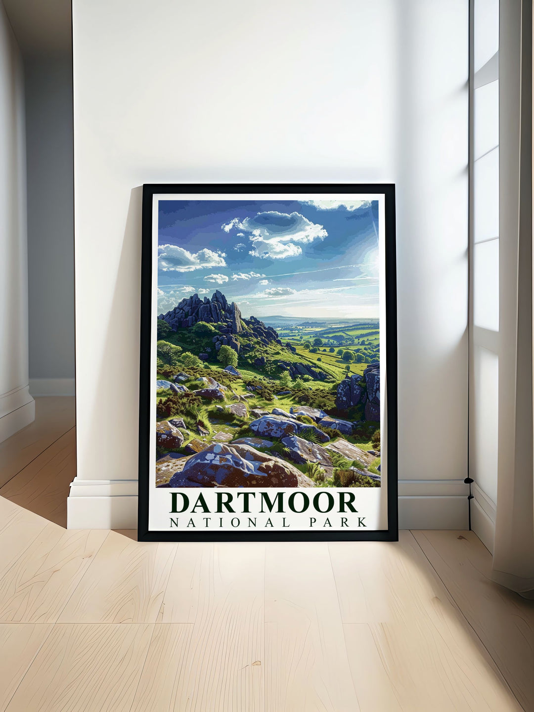 Home decor print illustrating the rugged landscapes of Dartmoor, highlighting the natural beauty and historical significance of this iconic national park in Devon, England.