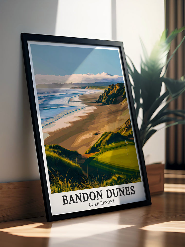 Travel print featuring Bandon Dunes Golf Resorts vibrant landscape with cliffs and ocean views, perfect for celebrating one of the best golf resorts in the world.