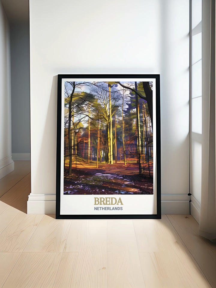 Mastbos Forest modern art print showcasing the lush greenery and tranquil atmosphere of this historic forest in the Netherlands perfect for home decor and travel enthusiasts