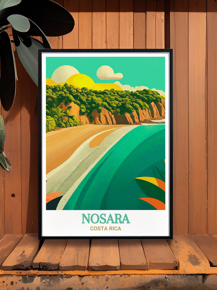 Nosaras Playa Guiones is a destination for those seeking peace and connection with nature. This print features the beachs stunning shoreline and the lush greenery that surrounds it, creating a scene of tropical tranquility. Ideal for any room, this artwork brings the calm and beauty of Costa Rica into your living space.