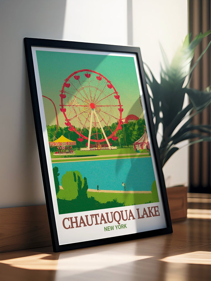 Bring the essence of New York State into your home with this stunning travel poster, showcasing the peaceful landscapes of Chautauqua Lake and the classic allure of Midway State Park.