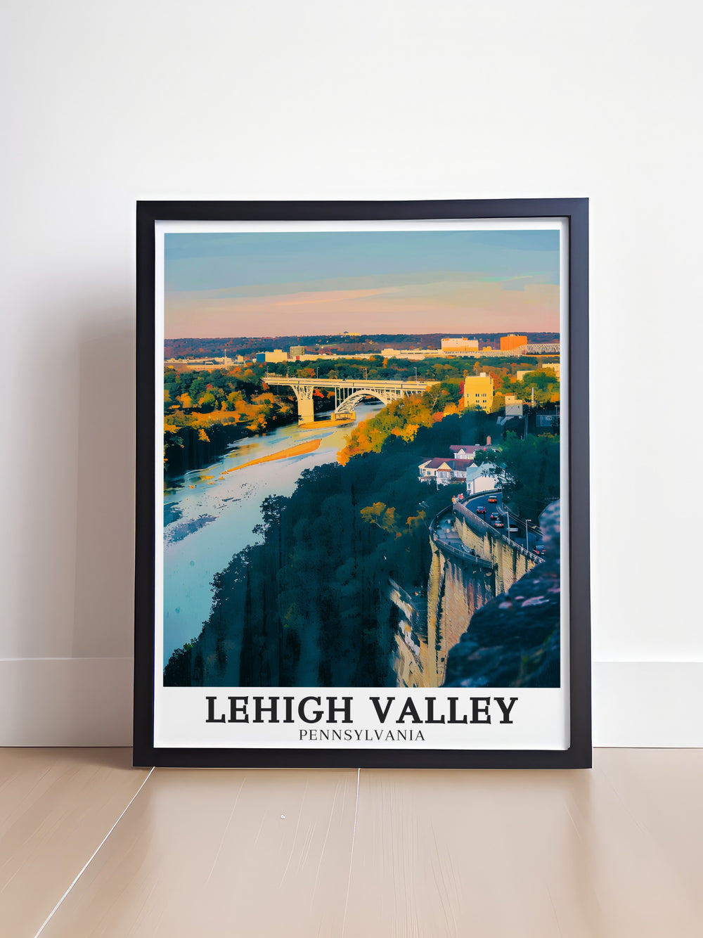 Beautiful Pennsylvania travel print showcasing the natural beauty of the Appalachian Mountains and the cultural richness of Lehigh Valley. This framed art captures the regions scenic landscapes and vibrant atmosphere, making it a wonderful gift or addition to your home.