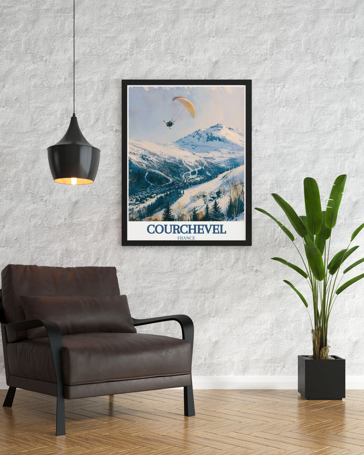 Featuring breathtaking views of Courchevel and the iconic La Saulire, this poster is perfect for those who wish to bring a piece of Frances natural splendor and ski resort luxury into their home.